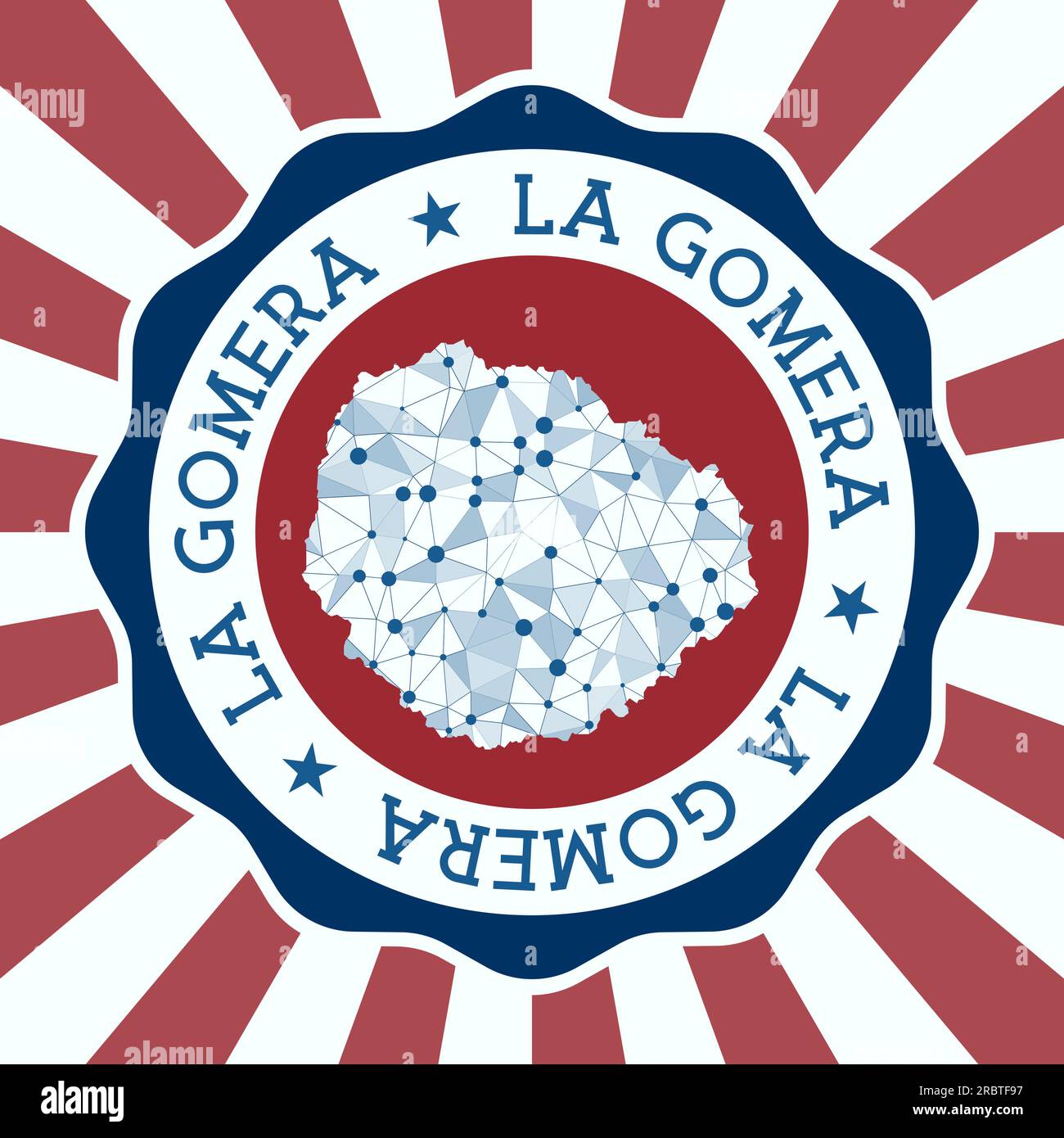 La Gomera-Abzeichen. Rundes Logo der Insel mit dreieckiger Netzkarte und radialen Strahlen. EPS10-Vektor. Stock Vektor