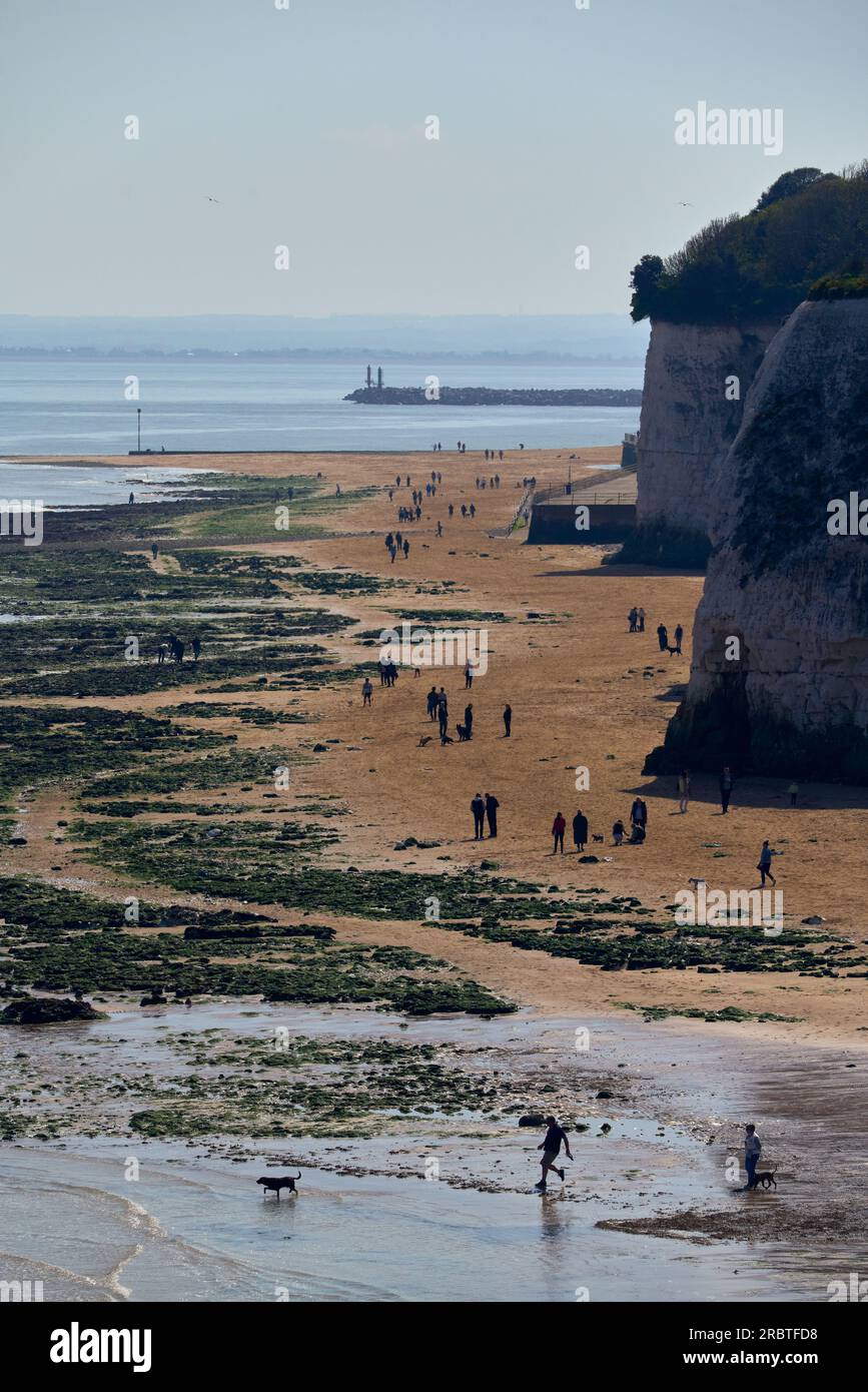 Dumpton, Großbritannien - April 29 2023 - Leute, die am Strand zwischen Broadstairs und Ramsgate spazieren gehen Stockfoto