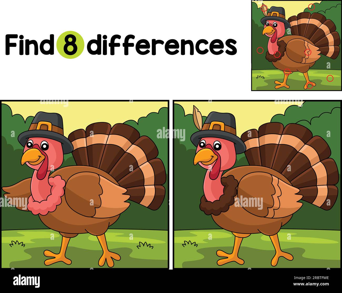 Thanksgiving-Truthahn mit Hut Finde die Unterschiede Stock Vektor