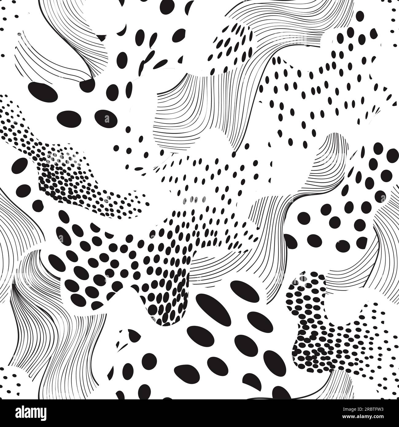 Abstraktes, nahtlos gepunktetes Muster mit chaotisch fließenden Wirbellinien und Blots im geometrischen Stil. Punkte und Flecken künstlerisch stilvolle Polka Punkt Zierartikel Stock Vektor