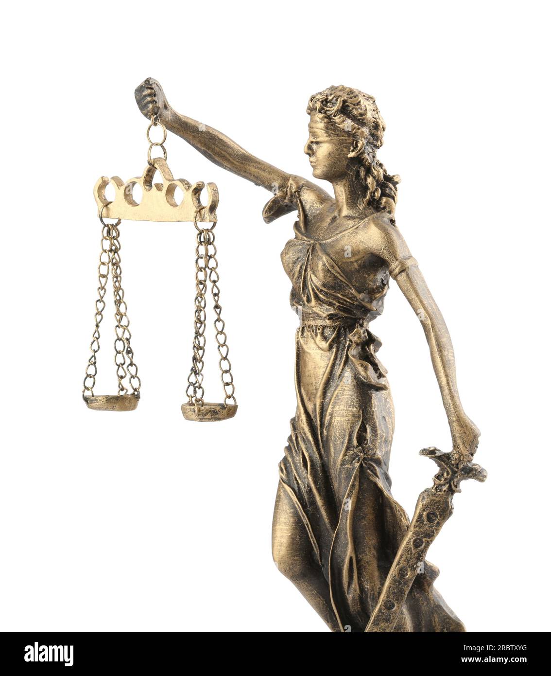 Die Statue von Lady Justice, isoliert auf Weiß. Symbol für faire Behandlung nach dem Gesetz Stockfoto