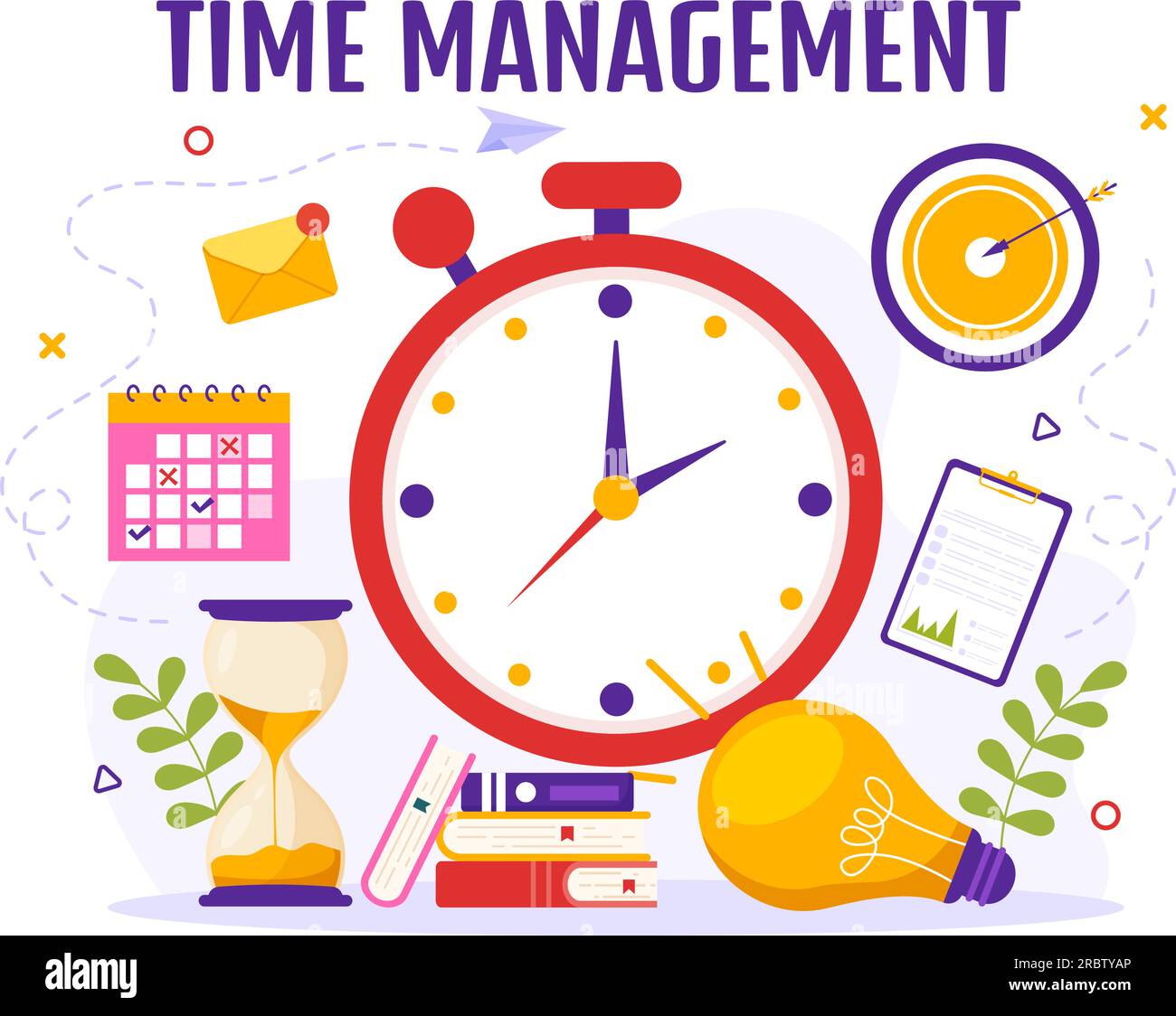 Zeitmanagement-Vektordarstellung mit Uhrsteuerung und Aufgaben Planung von Schulungsaktivitäten Zeitplan in flachen, handgezeichneten Cartoon-Vorlagen Stock Vektor