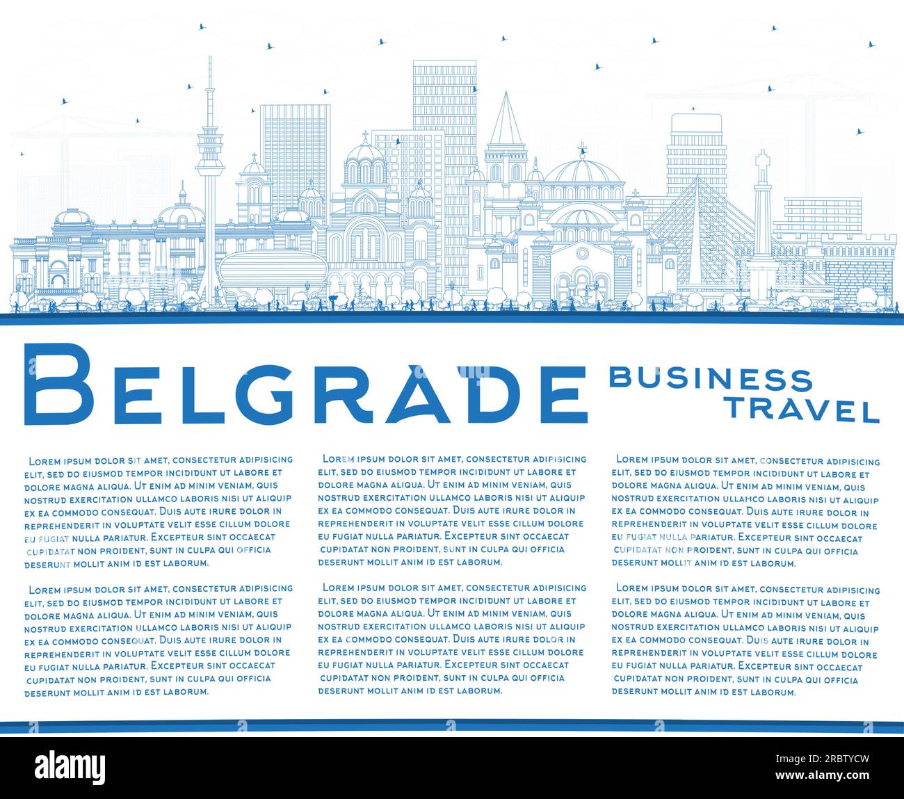 Umreißen Sie die Skyline von Belgrad, Serbien, mit blauen Gebäuden und Copy Space. Vektordarstellung. Belgrader Stadtlandschaft mit Wahrzeichen. Stock Vektor