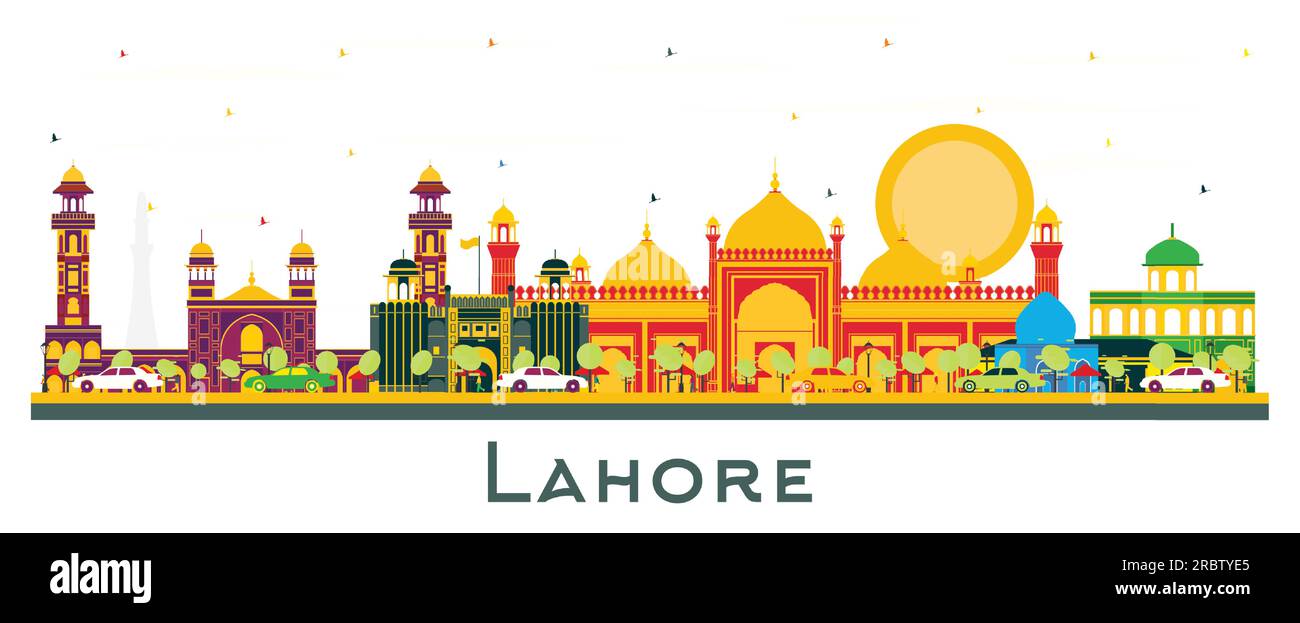 Lahore Pakistan City Skyline mit farbigen Wahrzeichen isoliert auf Weiß. Vektordarstellung. Business Travel and Tourism Concept mit historischen Gebäuden. Stock Vektor