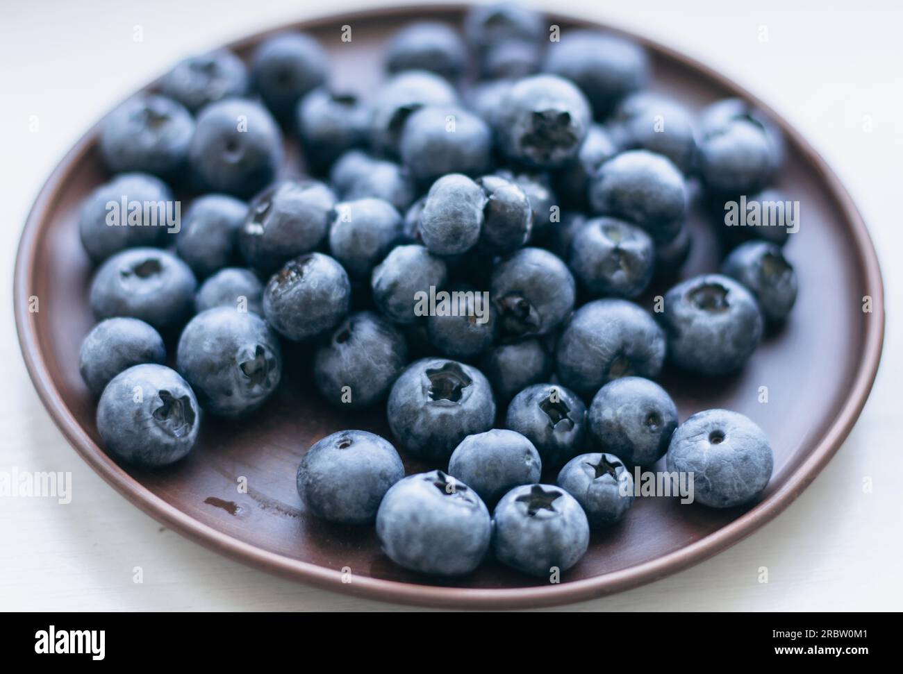 Blaubeeren auf dem Teller. Blaubeeren in Keramikschüssel auf weißem Hintergrund. Antioxidative Beeren. Rohes Essen. Süße reife Beeren. Gesunde Ernährung. Stockfoto