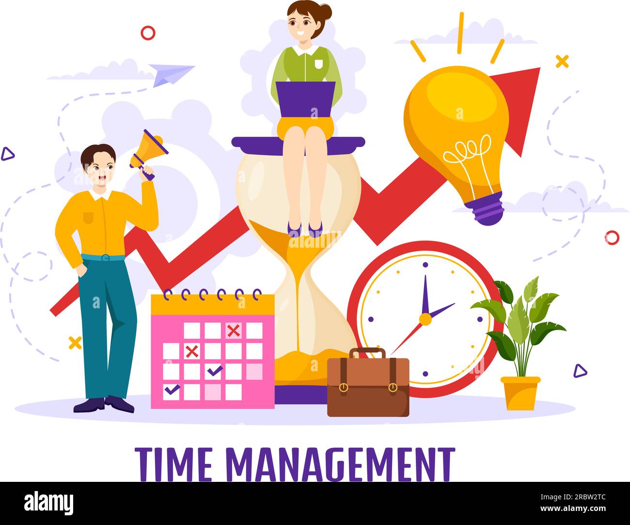 Zeitmanagement-Vektordarstellung mit Uhrsteuerung und Aufgaben Planung von Schulungsaktivitäten Zeitplan in flachen, handgezeichneten Cartoon-Vorlagen Stock Vektor