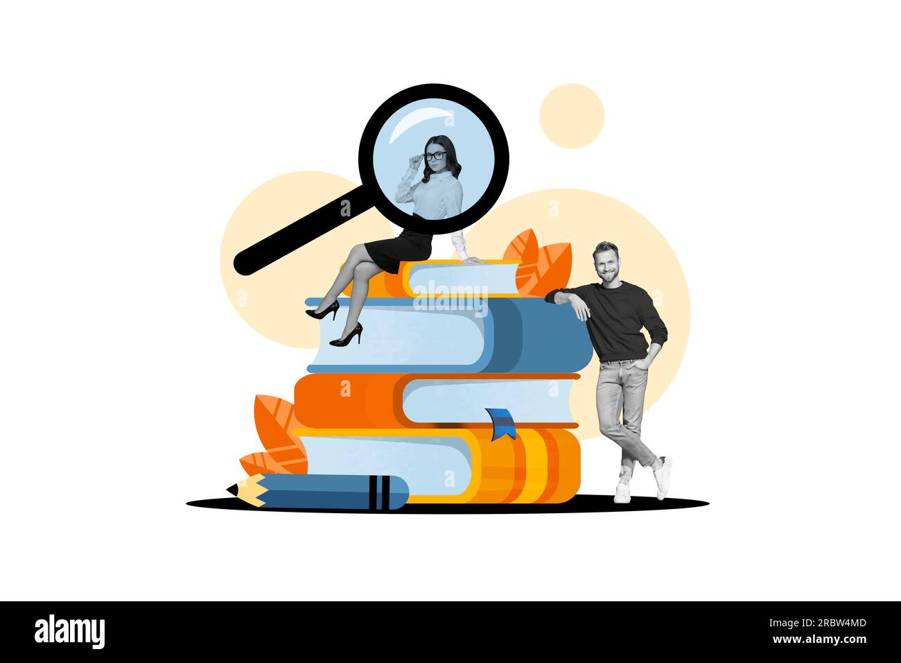 Bannerposter 3D Bild-Collage-Skizze von schlauen Leuten, die Detektiv-Story-Enzyklopädie große lupa auf gemaltem Hintergrund erkunden Stockfoto