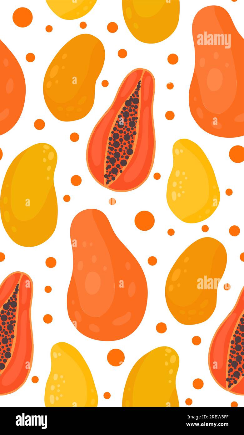Nahtloses tropisches Vektormuster mit Mango und Papaya. Fruchtstruktur mit weißem Hintergrund und Punkten. Lebensmitteloberfläche für Stoffe, Tapeten und Verpackungen Stock Vektor