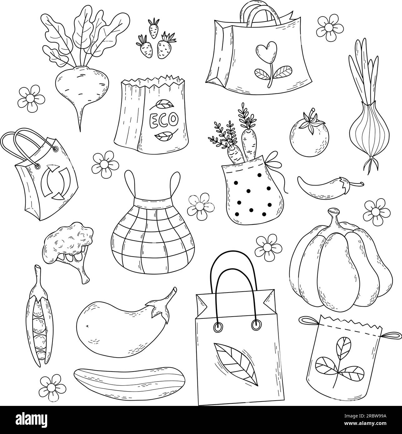 Öko-Taschen und Gemüse und Beeren der Saison. Papiersammeltaschen für Lebensmittel, umweltfreundlich und verpackt. Vektordarstellung. Isolierte handgezeichnete Kritzeleien Stock Vektor