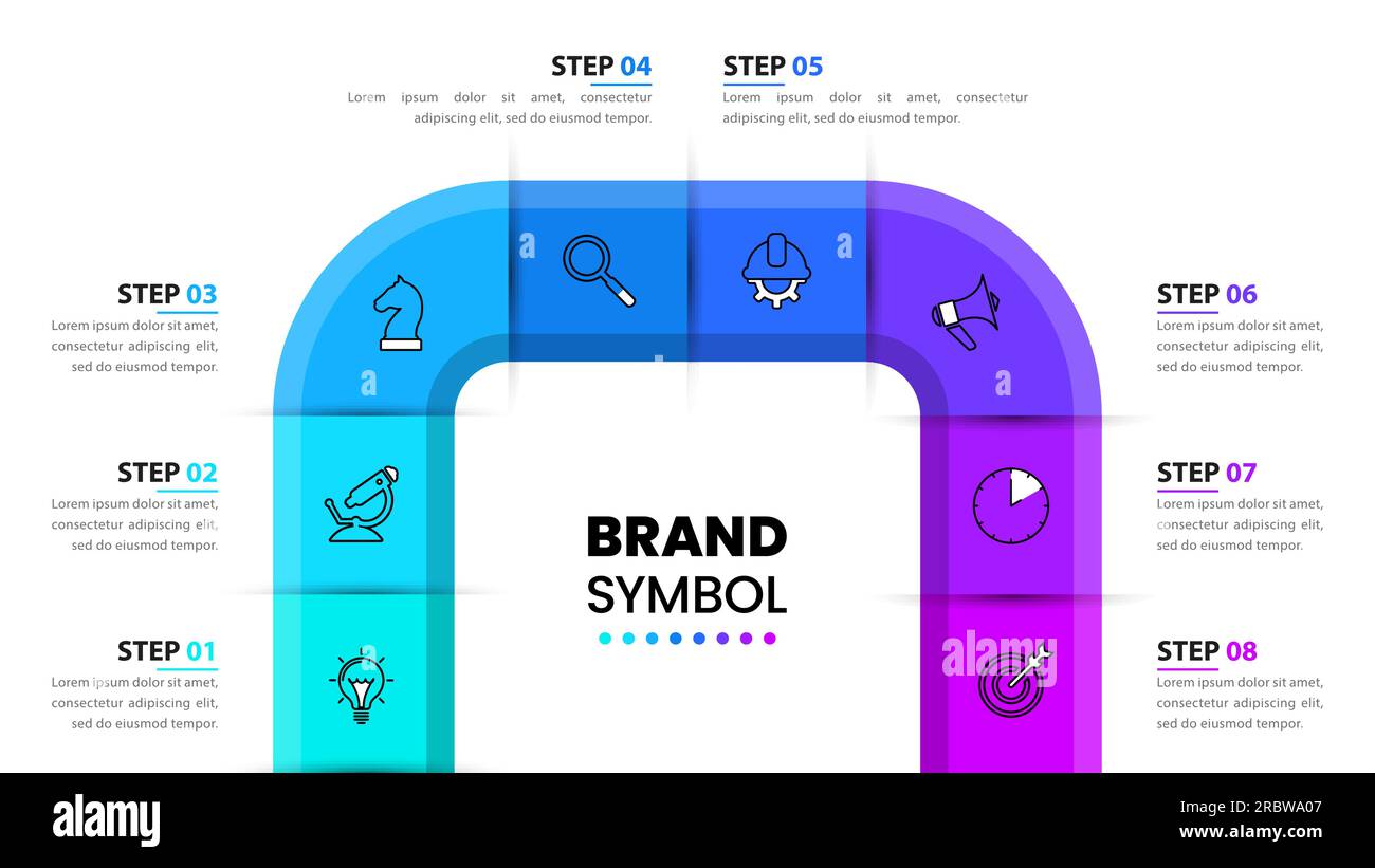 Infografik-Vorlage mit 8 Optionen oder Schritten. Zeitachse. Kann für Workflow-Layout, Diagramm, Banner, webdesign verwendet werden. Vektordarstellung Stock Vektor