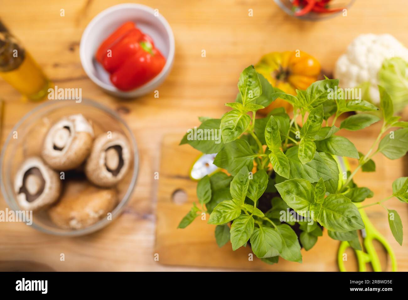 Blick von oben auf Gemüse und Pilze in der Küche Stockfoto