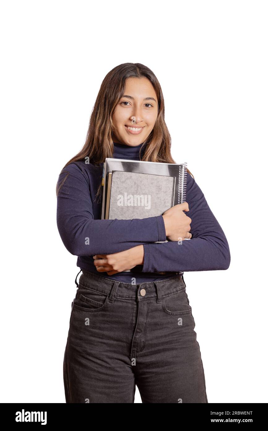 Porträt einer Studentin mit isolierten Büchern auf weißem Hintergrund. Stockfoto