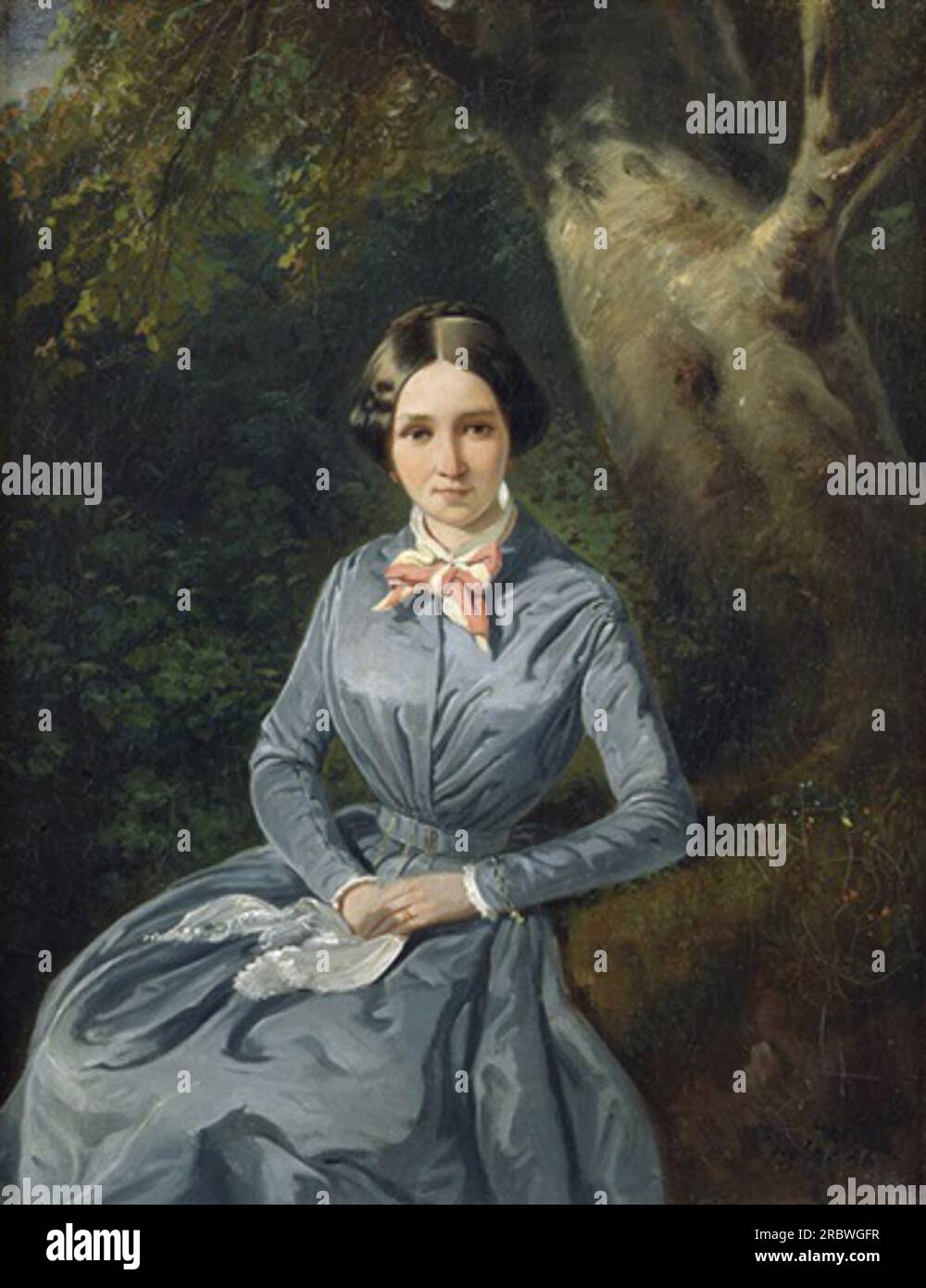 Porträt einer jungen Frau in blauem Kleid, die vor einem Baum sitzt 1846 von Theodor Leopold Weller Stockfoto