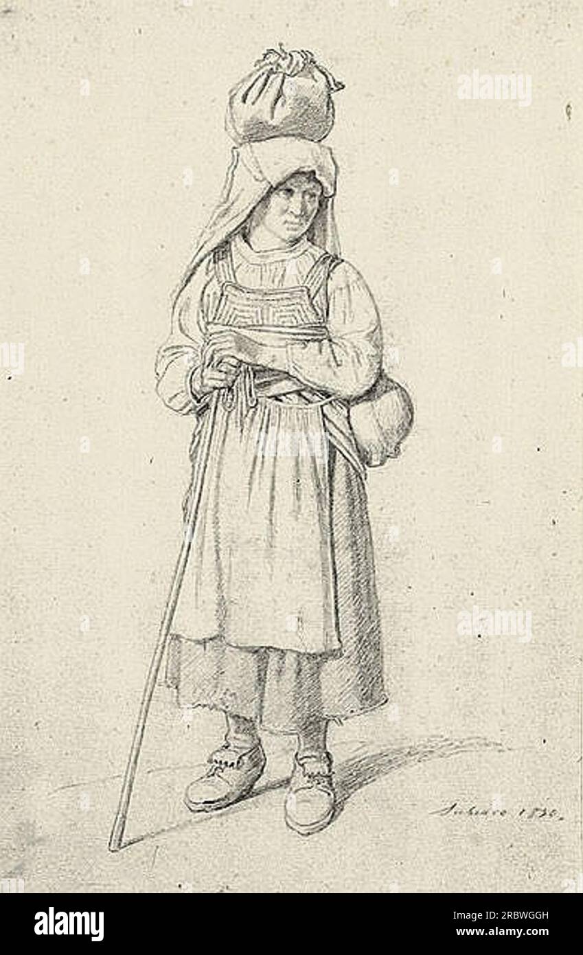 „Cervarola“. Stehende Frau in traditionellem Kostüm von Cervara, eine gebundene Tasche auf ihrem Kopf und mit einem Gehstock 1830; Subiaco, Italien, von Theodor Leopold Weller Stockfoto