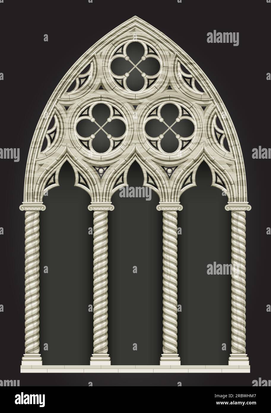 Realistische gotische Kathedrale, mittelalterliche Buntglasfenster und Steinbogen. Hintergrund oder Textur. Architekturelement Stock Vektor