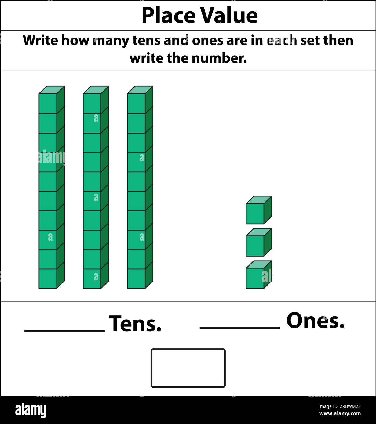 Platzieren Sie Werte in Zehner und Einsen. 10 Blocks. Und Einzelblöcke. Vektordarstellung isoliert auf weißem Hintergrund. Stock Vektor