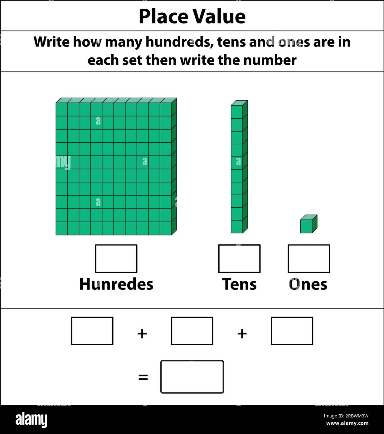 Setzen Sie Wert auf Hunderte von Zehnern und Einsen. 10 Blocks. Und Einzelblöcke. Vektordarstellung isoliert auf weißem Hintergrund. Stock Vektor