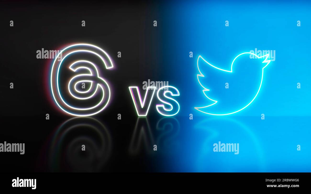 Madrid, Spanien – Juli 2023: Twitter und Threads App Symbol Neon Discussion ist eine neue Instagram- und Meta-App für Social Media für Microblogging. 3D-Rendering. Stockfoto