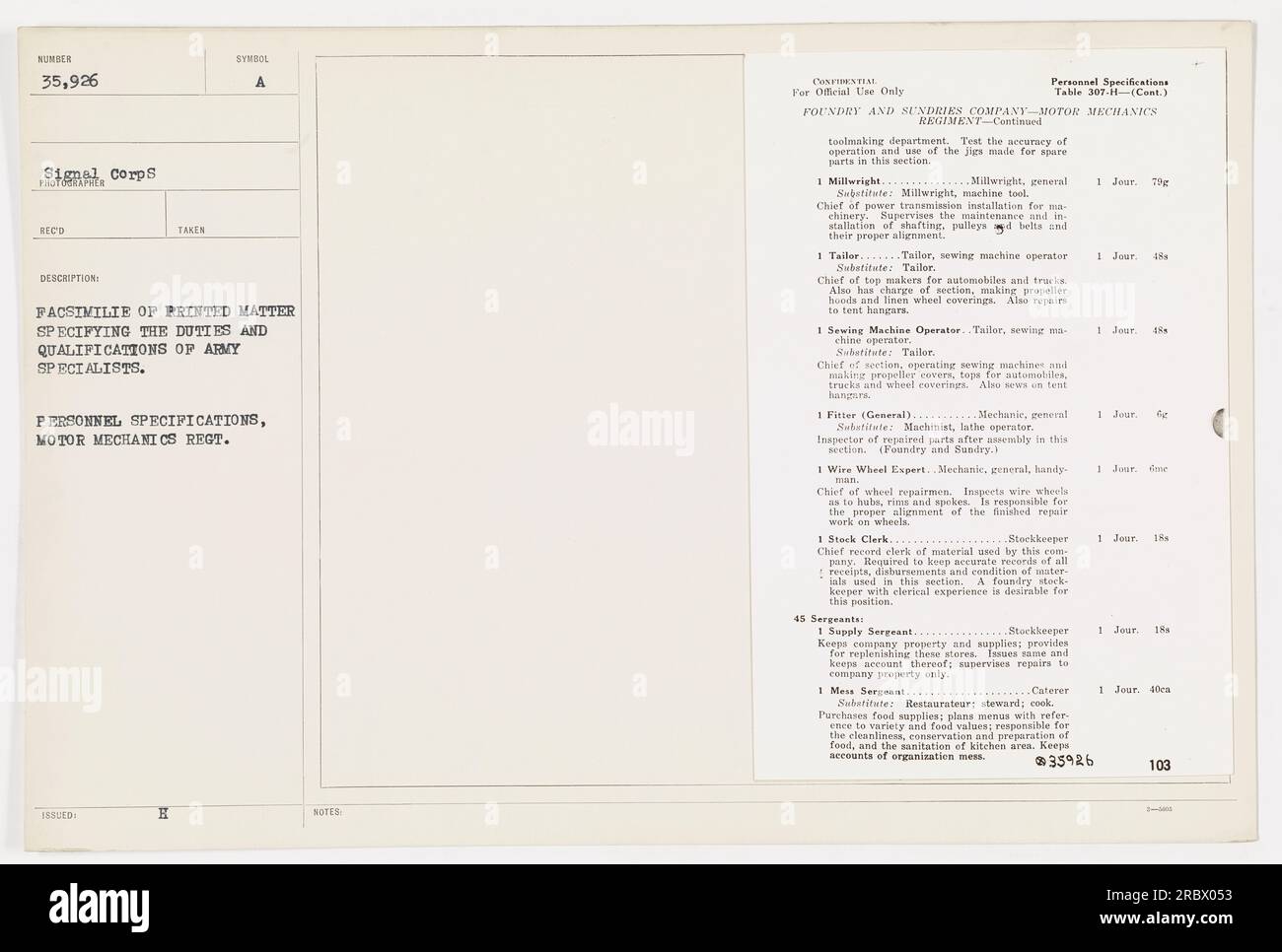 Soldat studiert Fax OP Drucksachen, die die Aufgaben und Qualifikationen von Armeespezialisten spezifizieren. Dieses Foto ist Teil der Fotosammlung des Signalkorps während des 1. Weltkriegs Der Soldat scheint über verschiedene Positionen innerhalb eines Kfz-Mechanik-Regiments zu lernen, darunter Mühlenarbeiter, Schneider, Nähmaschinenbediener, Monteure, Drahtrad-Experten, Börsenmakler und Sergeants. Stockfoto