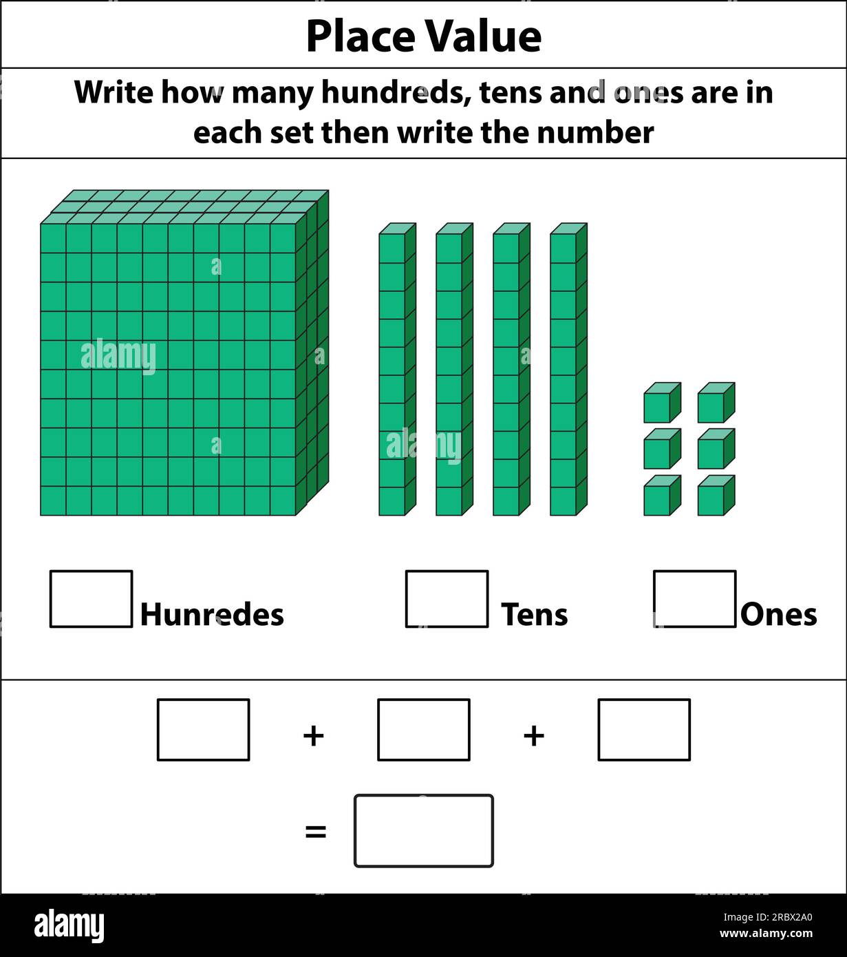 Setzen Sie Wert auf Hunderte von Zehnern und Einsen. 10 Blocks. Und Einzelblöcke. Vektordarstellung isoliert auf weißem Hintergrund. Stock Vektor