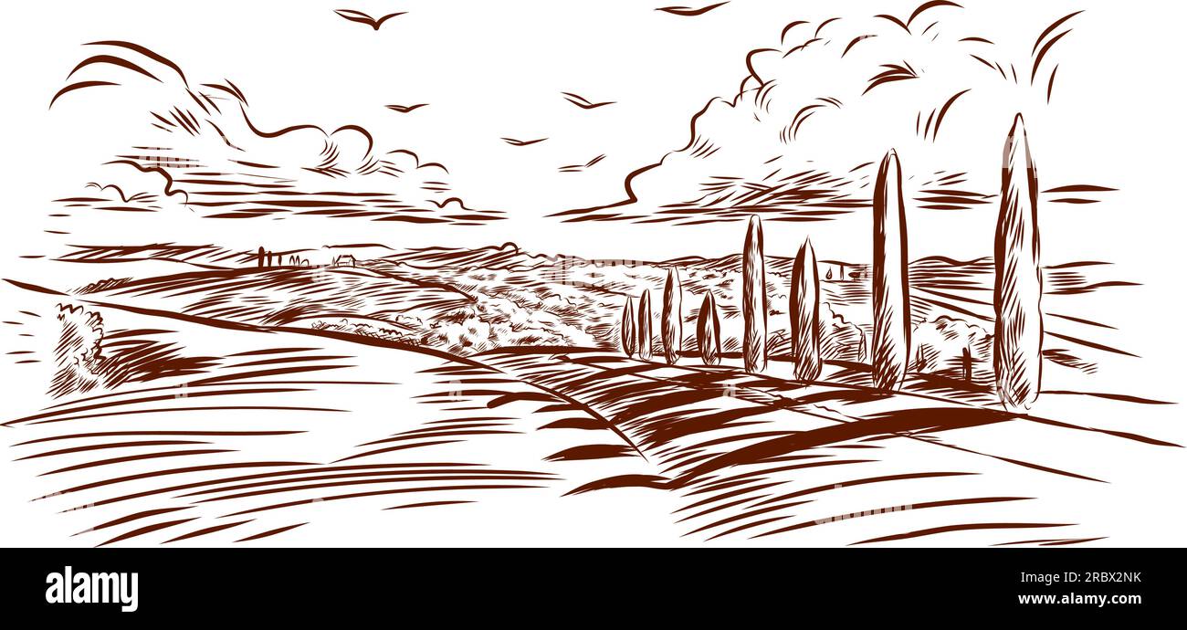 Landschaftspanorama. Handgezeichnete Illustration in Gravur. Stock Vektor