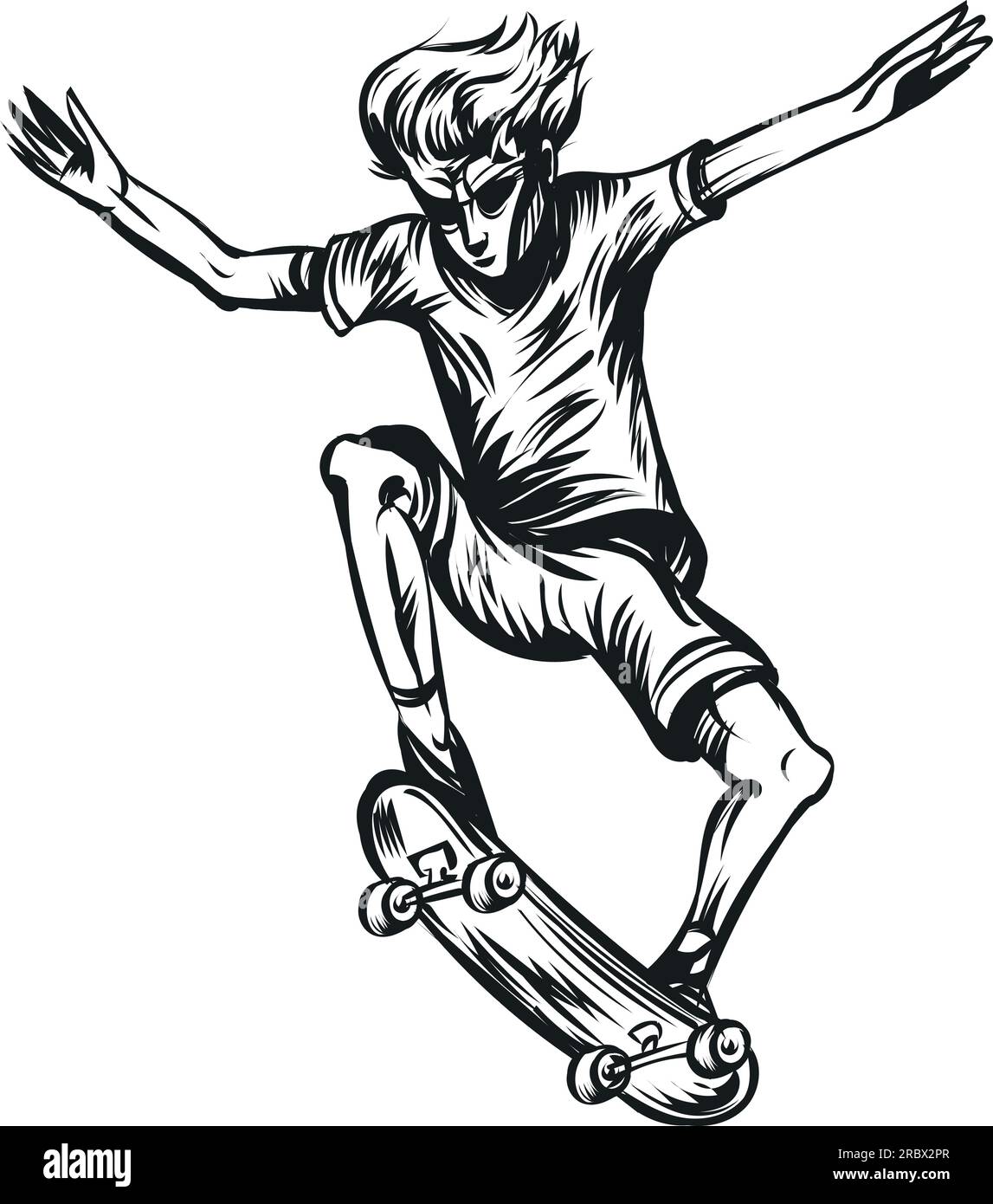 Skizze eines jungen Skateboarders, der einen Sprung auf einem Skateboard macht Stock Vektor