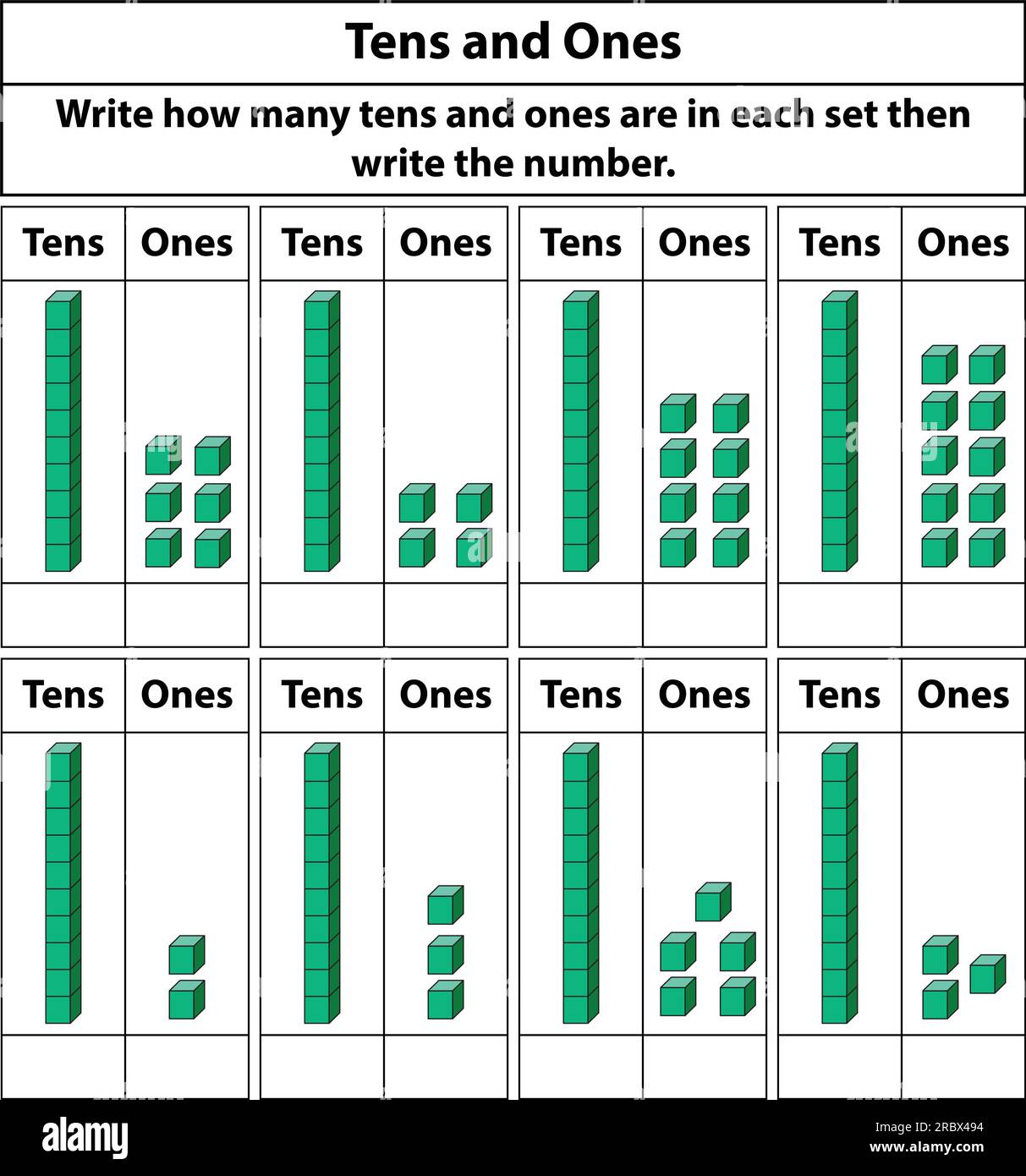 Platzieren Sie Werte in Zehner und Einsen. 10 Blocks. Und Einzelblöcke. Vektordarstellung isoliert auf weißem Hintergrund. Stock Vektor
