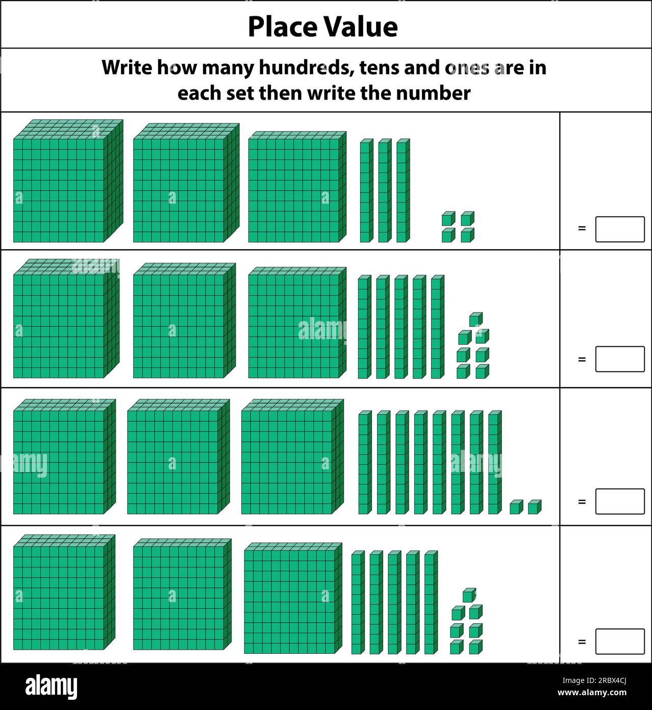 Setzen Sie Wert auf Hunderte von Zehnern und Einsen. 10 Blocks. Und Einzelblöcke. Vektordarstellung isoliert auf weißem Hintergrund. Stock Vektor