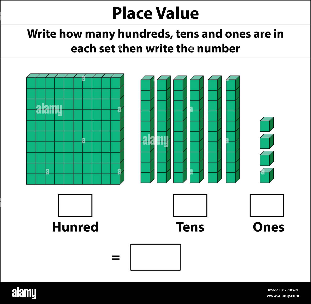 Setzen Sie Wert auf Hunderte von Zehnern und Einsen. 10 Blocks. Und Einzelblöcke. Vektordarstellung isoliert auf weißem Hintergrund. Stock Vektor