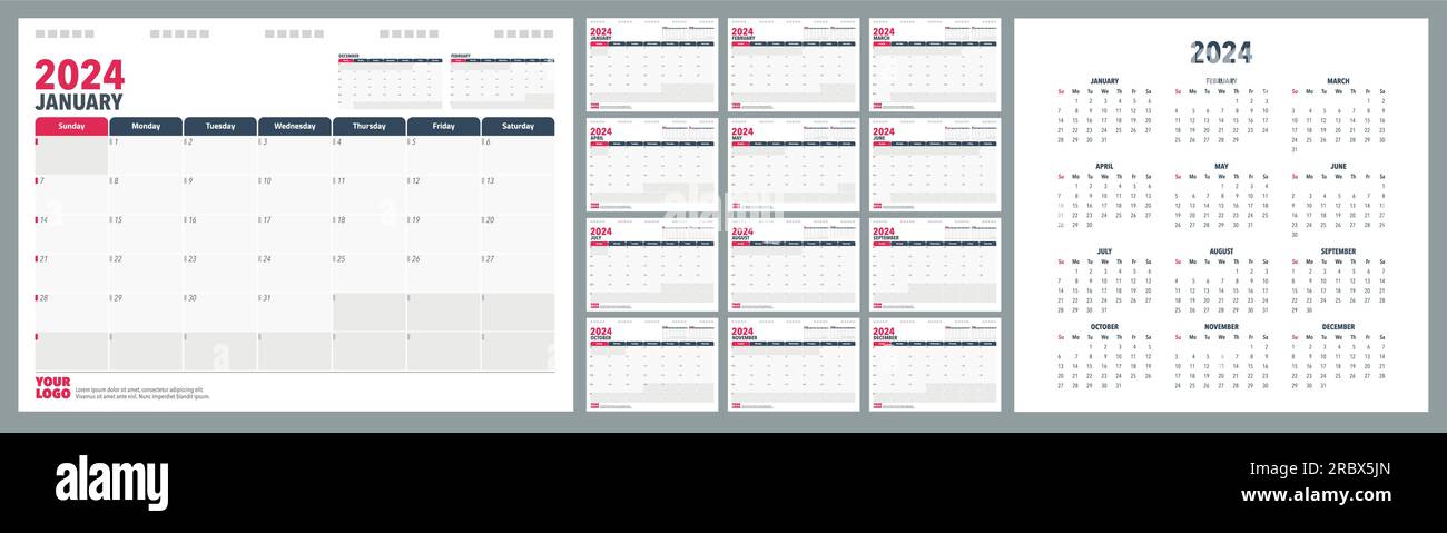 Calendar Planner 2024 in englischer Sprache. Wochenbeginn Sundey, Vorlage für Corporate Design-Planer Stock Vektor