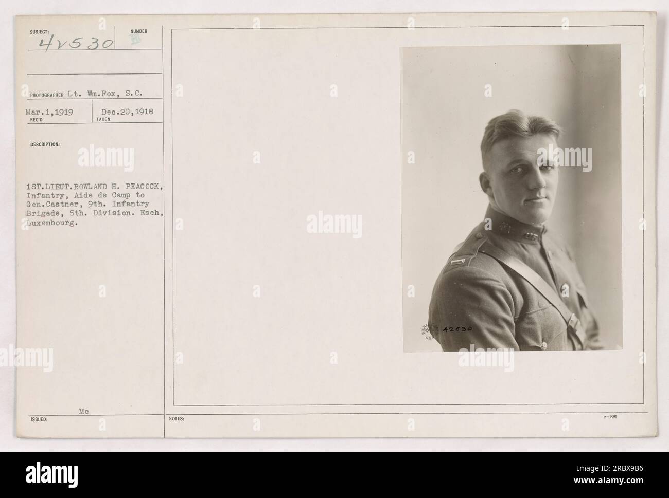 Ein Schwarzweißfoto von 1. Lieutenant Rowland H. Peacock, Infanterie, diente als Helfer des Camps für General Castner, 9. Infanteriebrigade, 5. Division. Der Ort wird als Esch, Luxemburg, eingetragen. Dieses Foto hat die Beschreibungsnummer 41530 und wurde am 1. März 1919 von Lieutenant WN.Fox, S.C. aufgenommen Stockfoto