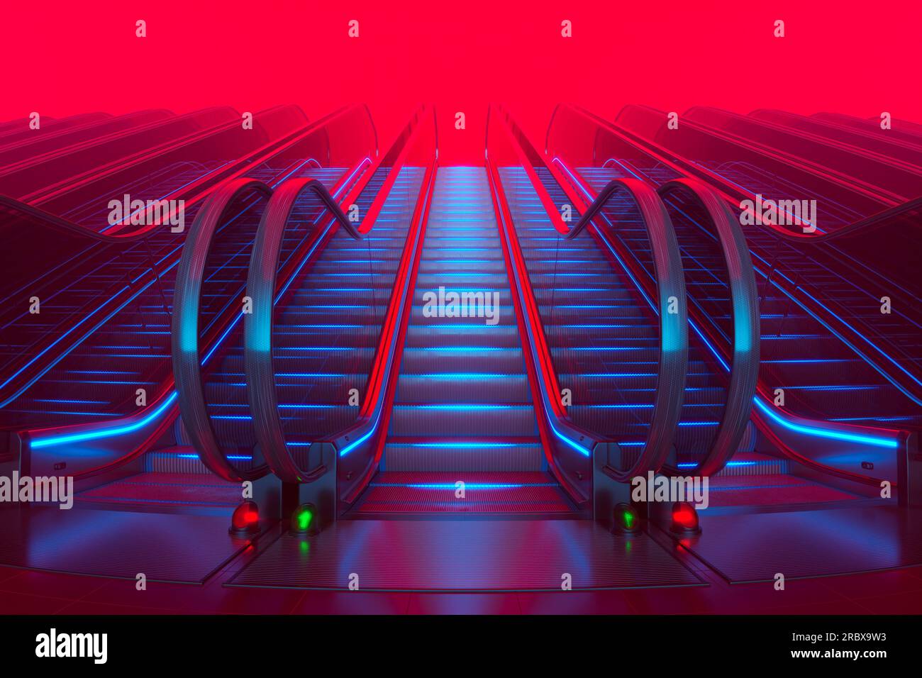 Dieses 3D-Rendering zeigt ein modernes Treppendesign mit farbenfroher und lebendiger Beleuchtung. Die sich bewegenden Treppen sind sowohl funktional als auch optisch durchsichtig Stockfoto