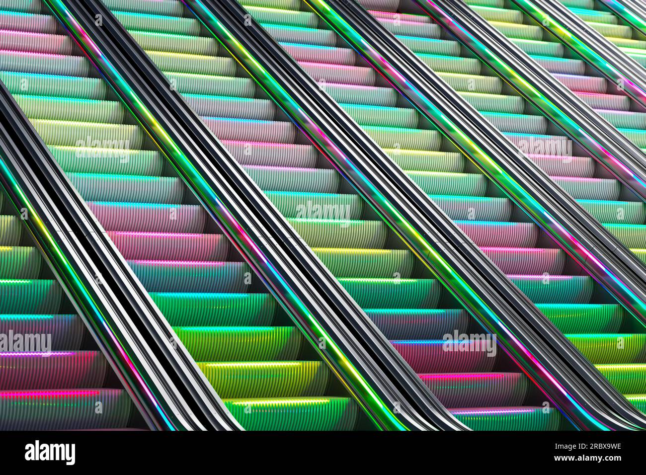 Dieses 3D-Rendering zeigt ein modernes Treppendesign mit farbenfroher und lebendiger Beleuchtung. Die sich bewegenden Treppen sind sowohl funktional als auch optisch durchsichtig Stockfoto