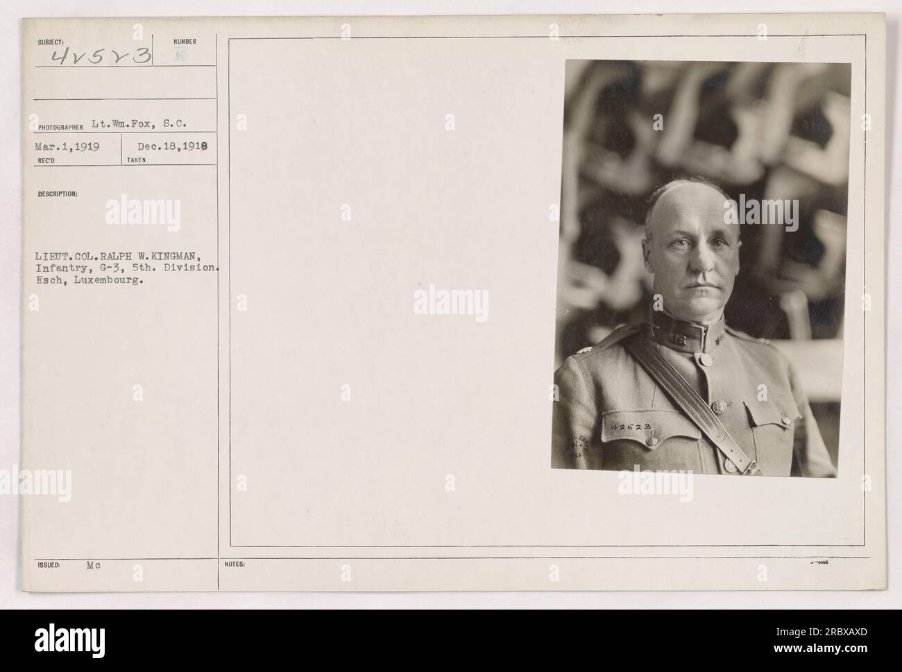 Foto aufgenommen am 1. März 1919 in Esch, Luxemburg. Lieutenant Oberst Ralph W. Kingman von der Infanterie, G-3, 5. Division, ist im Bild zu sehen. Die Identifikationsnummer des Fotos ist 111-SC-42523, aufgenommen von LT. WM. Pocken, S.C. Es wurde am 18. Dezember 1918 herausgegeben, und es gibt zusätzliche Hinweise mit der Nummer 42628. Stockfoto