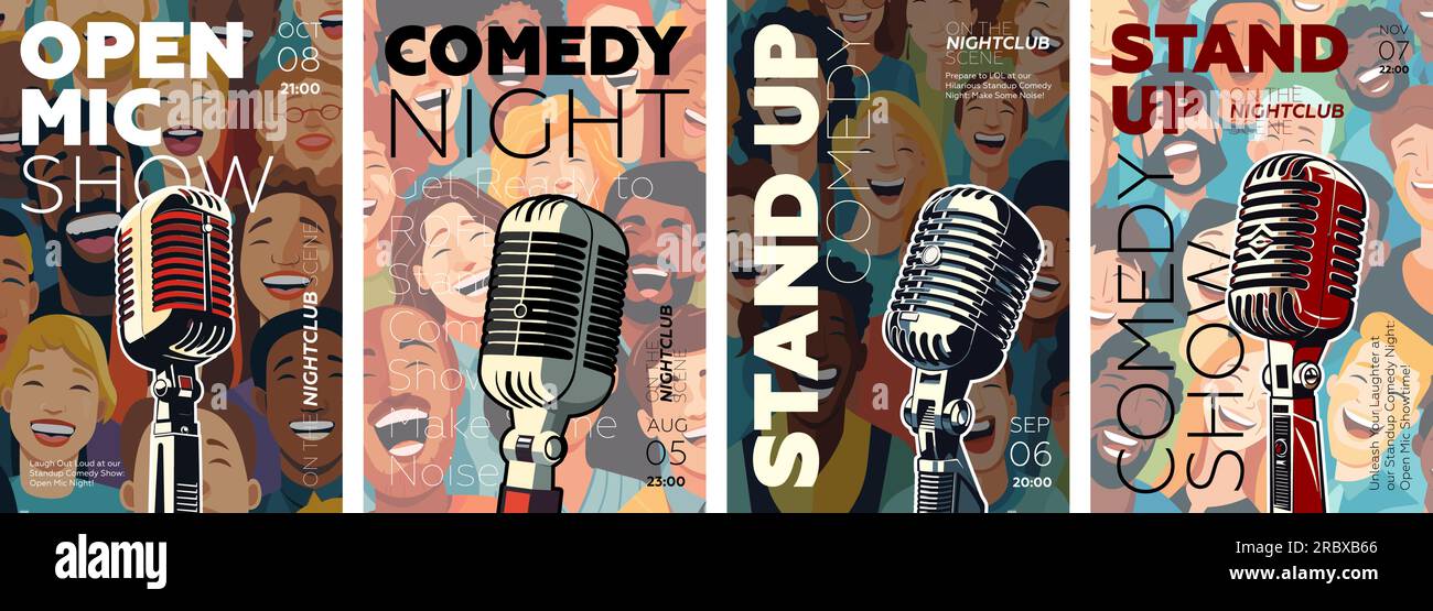 Stand-Up-Comedy-Show-Poster-Set. Open MIC Night Flyer oder Plakat Template Collection. Mit lachenden Menschen Kunstwerke in einem Retro-Mikrofon zeichnen. Design von Typografie-Bannern. Vektor-eps-Darstellung Stock Vektor