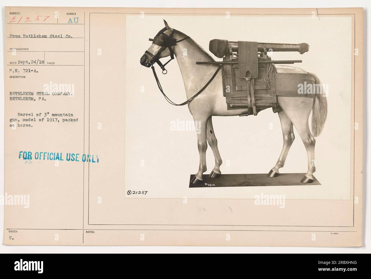 Ein Fass mit einer 1917 Model 3 Bergpistole, auf einem Pferd verpackt. Dieses Bild wurde vom Fotografen RECO am 24. September 1918 bei der Bethlehem Steel Company in Bethlehem, Pennsylvania, aufgenommen. Sie ist nur für den offiziellen Gebrauch gekennzeichnet. Stockfoto