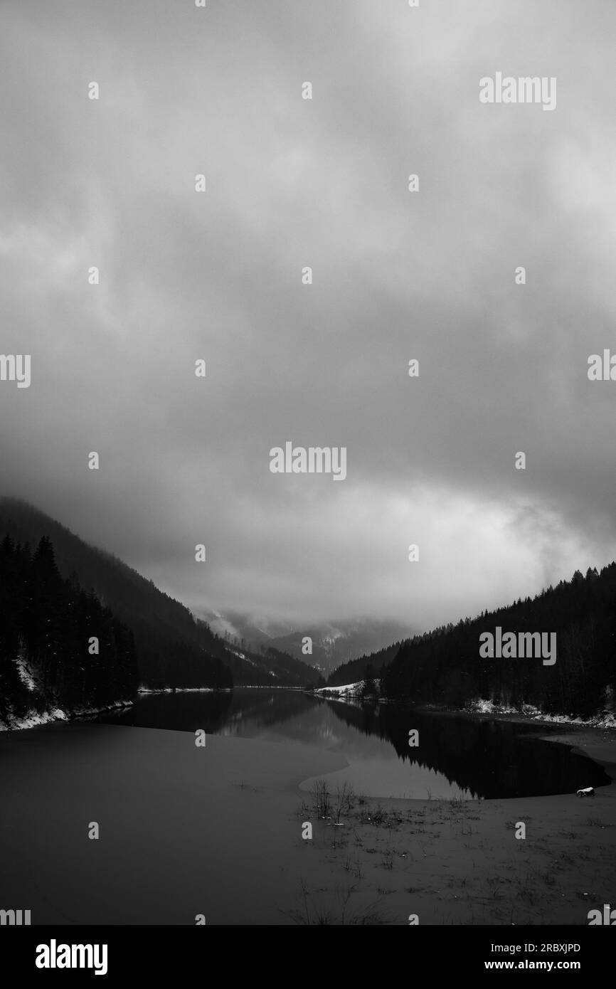 Bedeckter Himmel und dichter Nebel Rollen über Nadelbäume über dem Sance-Staudamm in der Nähe der Stadt Ostravice, Tschechische Republik. Stockfoto