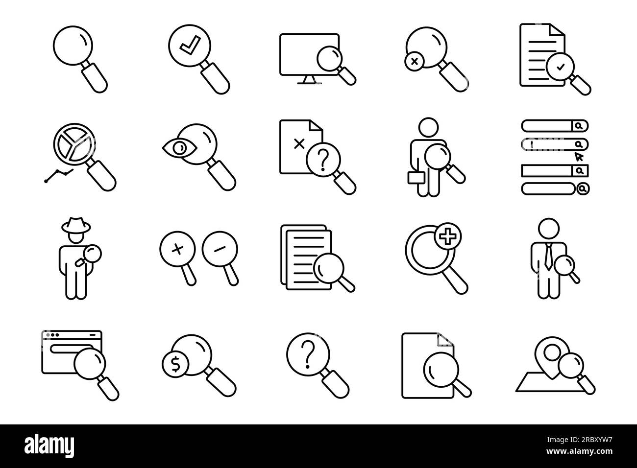 Symbol für Suchgruppe. Enthält Lupensymbol, Suchen, Suchmaschine, Stellensuche, Detective, Bezahlte Suche und mehr. Liniendesign. Einfache Vektor-des Stock Vektor