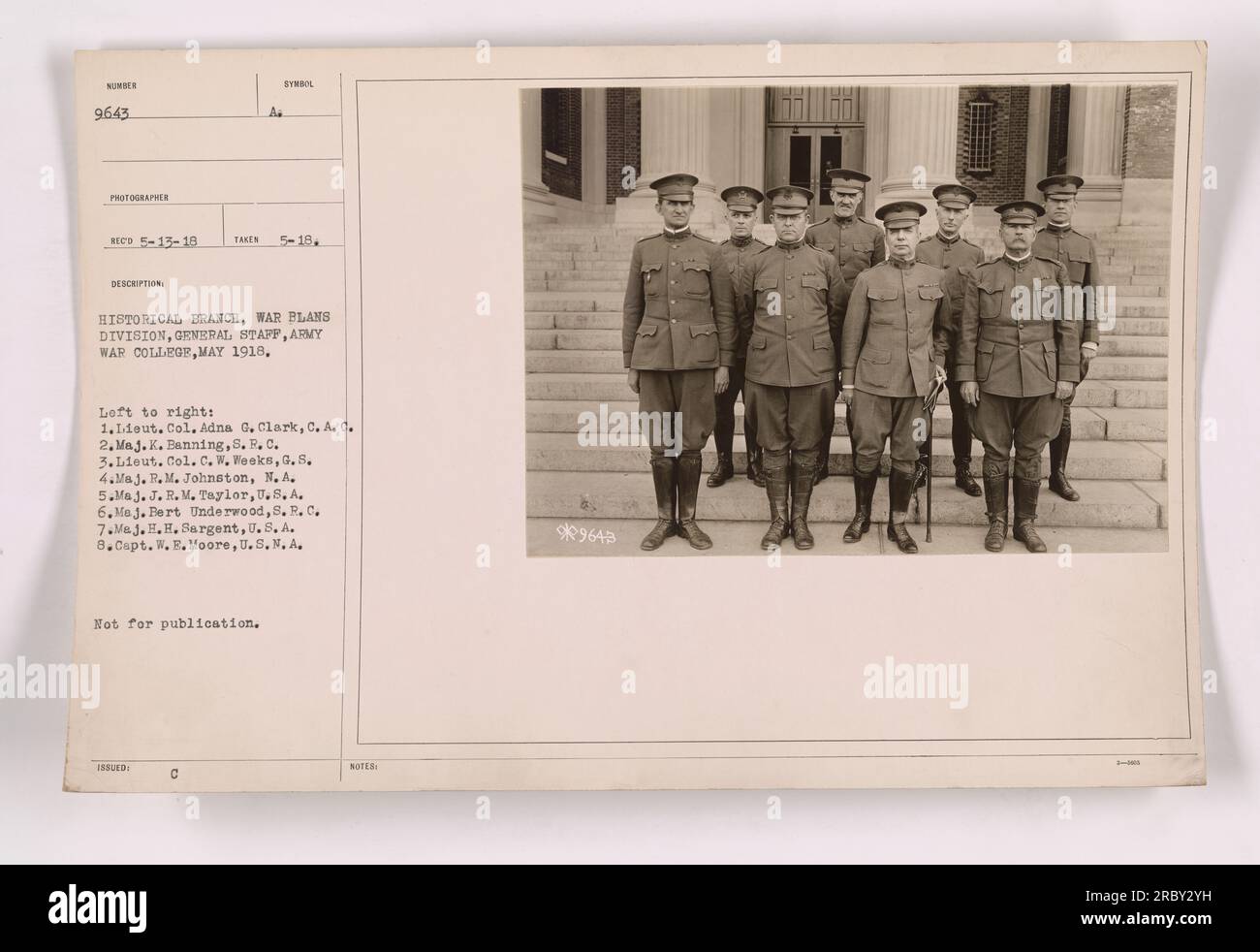 Oberstleutnant Adna G. Clark vom C.A.C., Oberstleutnant K. Banning vom S.R.C., Oberstleutnant C. W. Weeks vom G.S., Major R. M. Johnston vom N.A., Major J. R.M. Taylor vom U.A., Major Bert Underwood vom S.R.C., Major H. H. Sargent aus den USA und Hauptmann W. E. Moore aus der US N.A., fotografiert im Mai 1918. Stockfoto