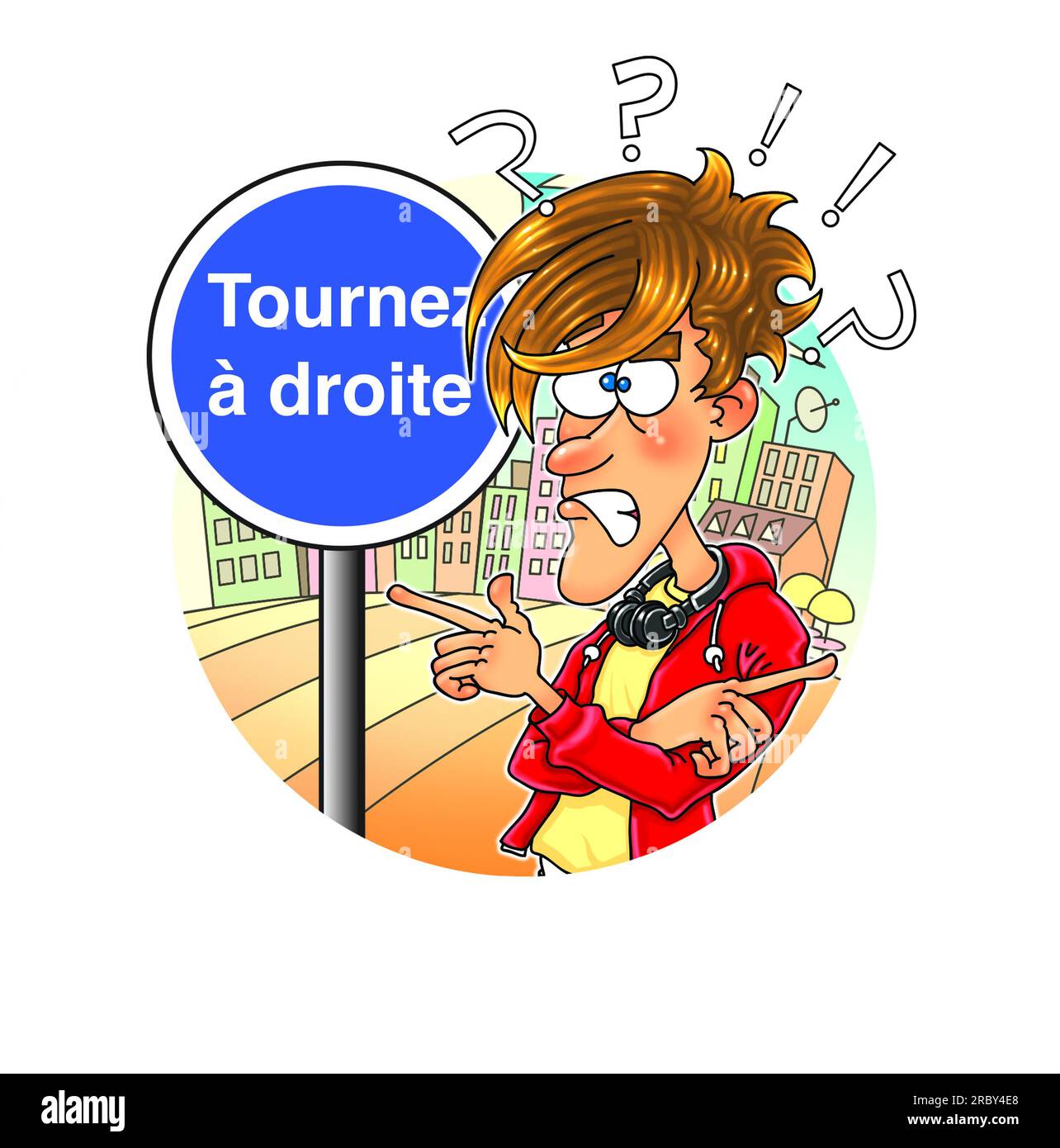 Cartoon-Kunst, verwirrter Student Tourist steht auf dem Schild, auf dem "Tournez à droite" (rechts abbiegen) auf Französisch steht und fragt sich, wohin man gehen soll, um eine Sprache zu lernen Stockfoto