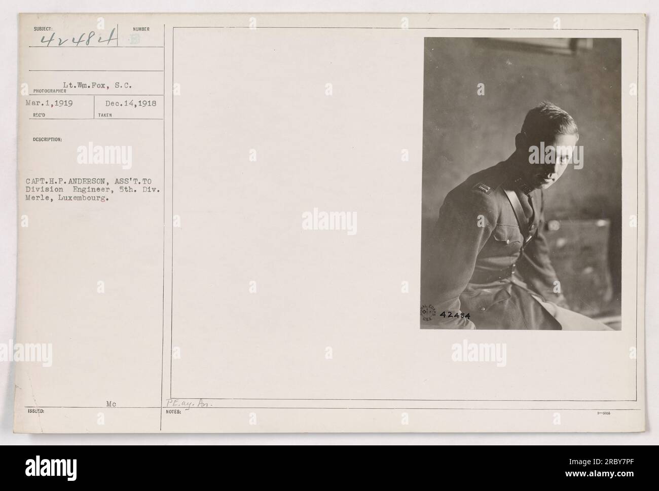 Leutnant William Fox, Signalkorps, wird hier in Merle, Luxemburg, am 1. März 1919 gesehen. Das Foto wurde unter der Aufsicht von Captain H.P. aufgenommen Anderson, der Assistent des Divisionsingenieurs der 5. Division. Ortscode: PE.AY. An. SOTES 42414. Ausgestellt am: 14. Dezember 1918. Stockfoto