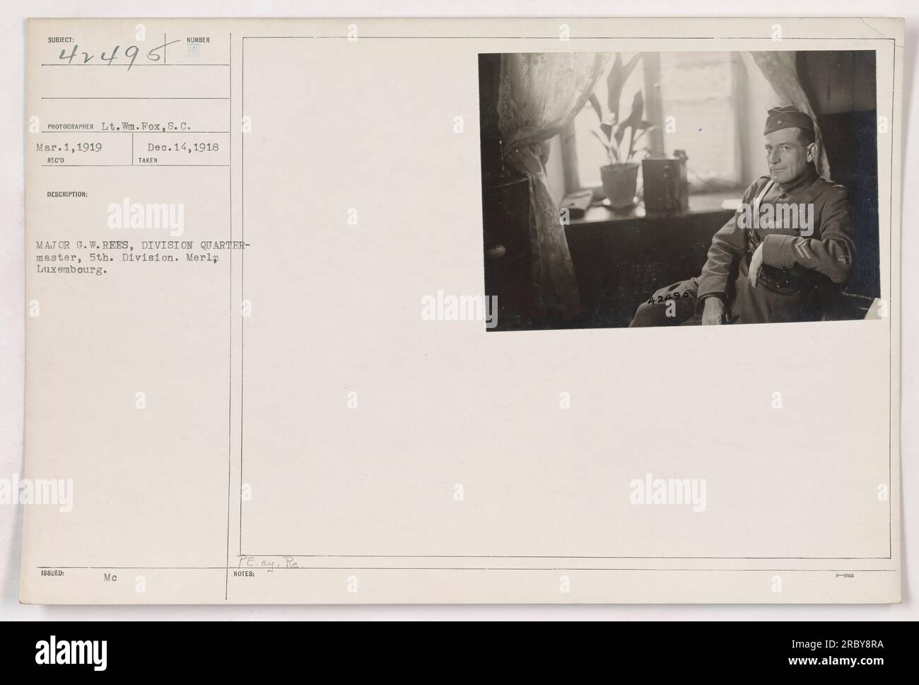 Ein Foto, aufgenommen am 1. März 1919, von LT. WM. Fox, zeigt militärische Aktivitäten während des Ersten Weltkriegs In der Beschreibung steht, dass es von Majcr G.U.S. .REES, Divisionsquartiermeister der 5. Division, in Merly Luxemburg aufgenommen wurde. Das Bild zeigt Soldaten und ihre Ausrüstung. Stockfoto
