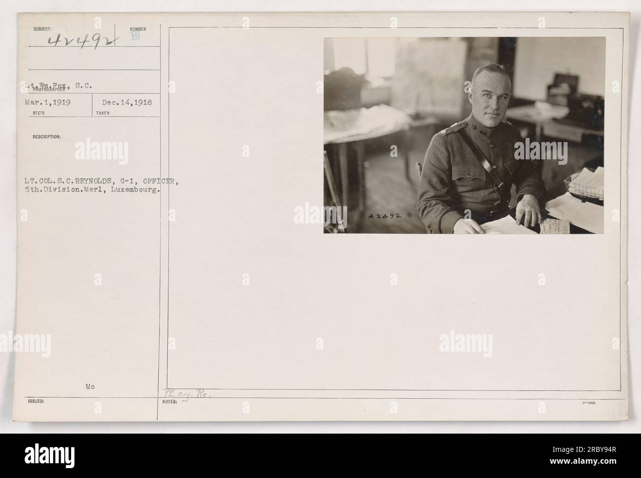 Amerikanischer Offizier, Oberstleutnant S.C. Reynolds, G-1, von der 5. Division, aufgenommen in Merl, Luxemburg, am 1. März 1919. Das Foto wurde mit der Referenznummer 111-SC-42492 ausgestellt und von LT. Rox aufgenommen. Stockfoto