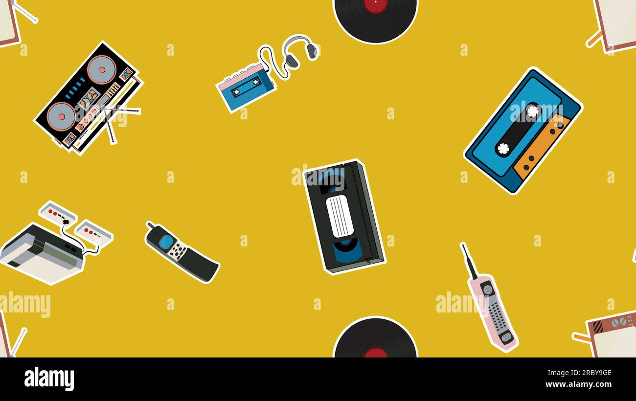 Textur, nahtloses Muster alter Retro-Hipster-Aufkleber, tv-Recorder Mobiltelefon, Player, Audiokassette, Videorekorder, Spielkonsole, C Stock Vektor