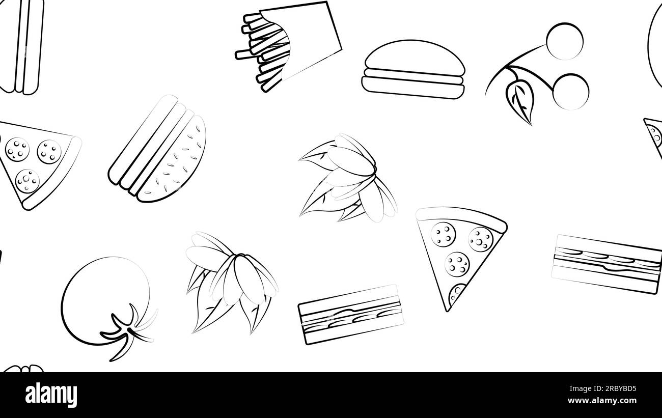 Schwarz-Weiß endlose nahtlose Muster von Speisen und Snacks Ikonen für das Restaurant Bar Cafe: Pommes, Burger, Pistazien, Pizza, Sandwich, Tomate Stock Vektor