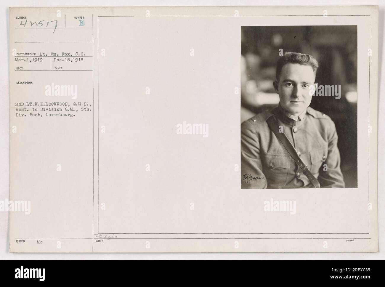 Zweiter Leutnant K.E. Lockwood, Assistentin des Division Quartermaster der 5. Division, im Bild von Esch, Luxemburg, am 1. März 1919. Das Foto wurde von Lieutenant William Fox am 18. Dezember 1918 aufgenommen. Stockfoto