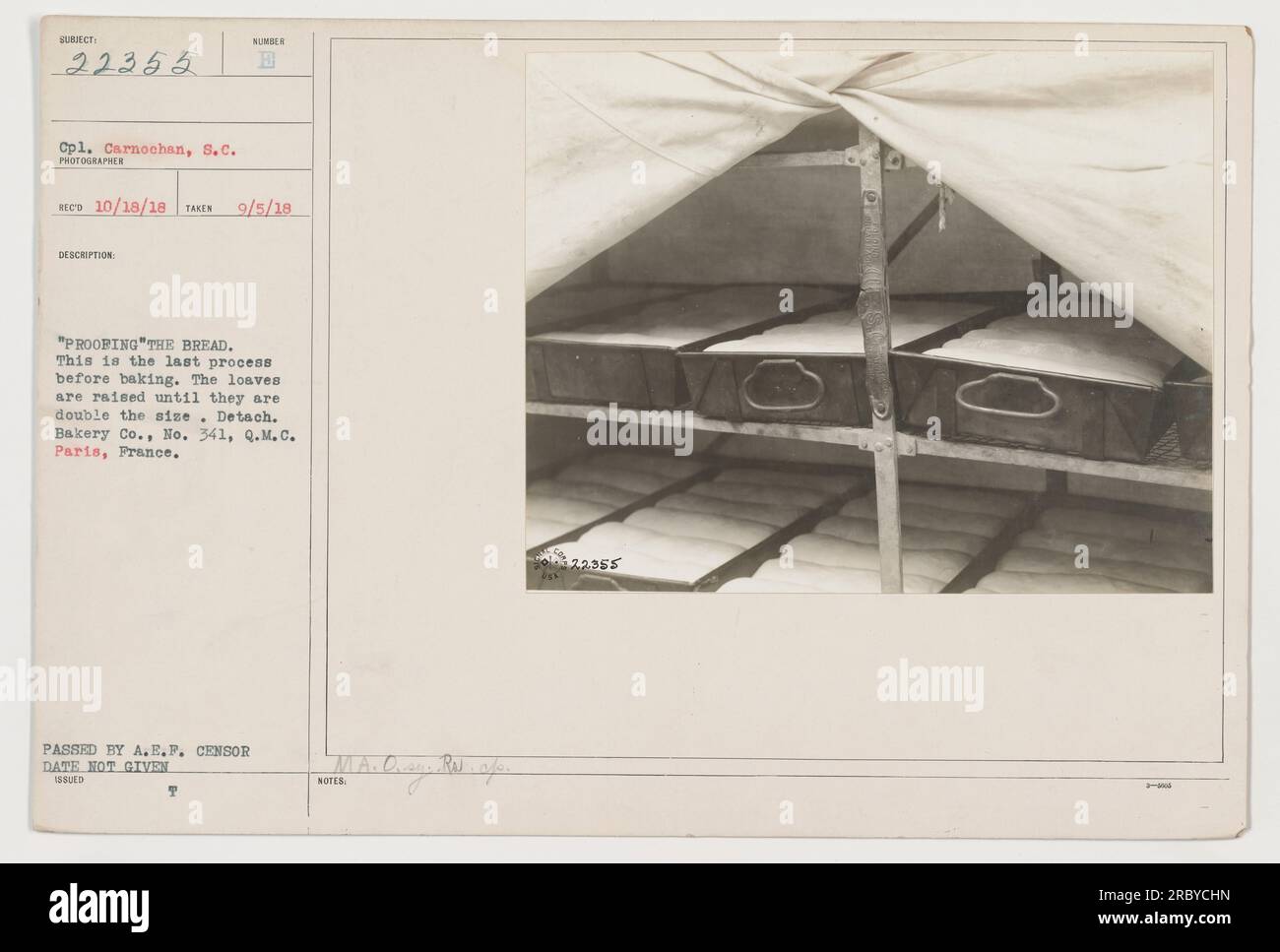 CPL. Carnochan wird in diesem Bild im letzten Prozess vor dem Backen von Brot gesehen. Die Brotlaibe werden gezüchtet, bis sie doppelt so groß sind, was auf den Abschluss dieser Phase hinweist. Das Foto wurde am 5. September 1918 von einem Fotografen namens RECO aufgenommen. Diese Aktivität wird durch „Zuordnung aufheben“ durchgeführt. Bakery Co., No. 341, Q.M.C. in Paris, Frankreich. Die Echtheit des Bildes wurde vom A.E.P. Zensor überprüft. Weitere Details sind in den Notizen des Fotografen mit der Referenznummer 22355 dokumentiert. Stockfoto