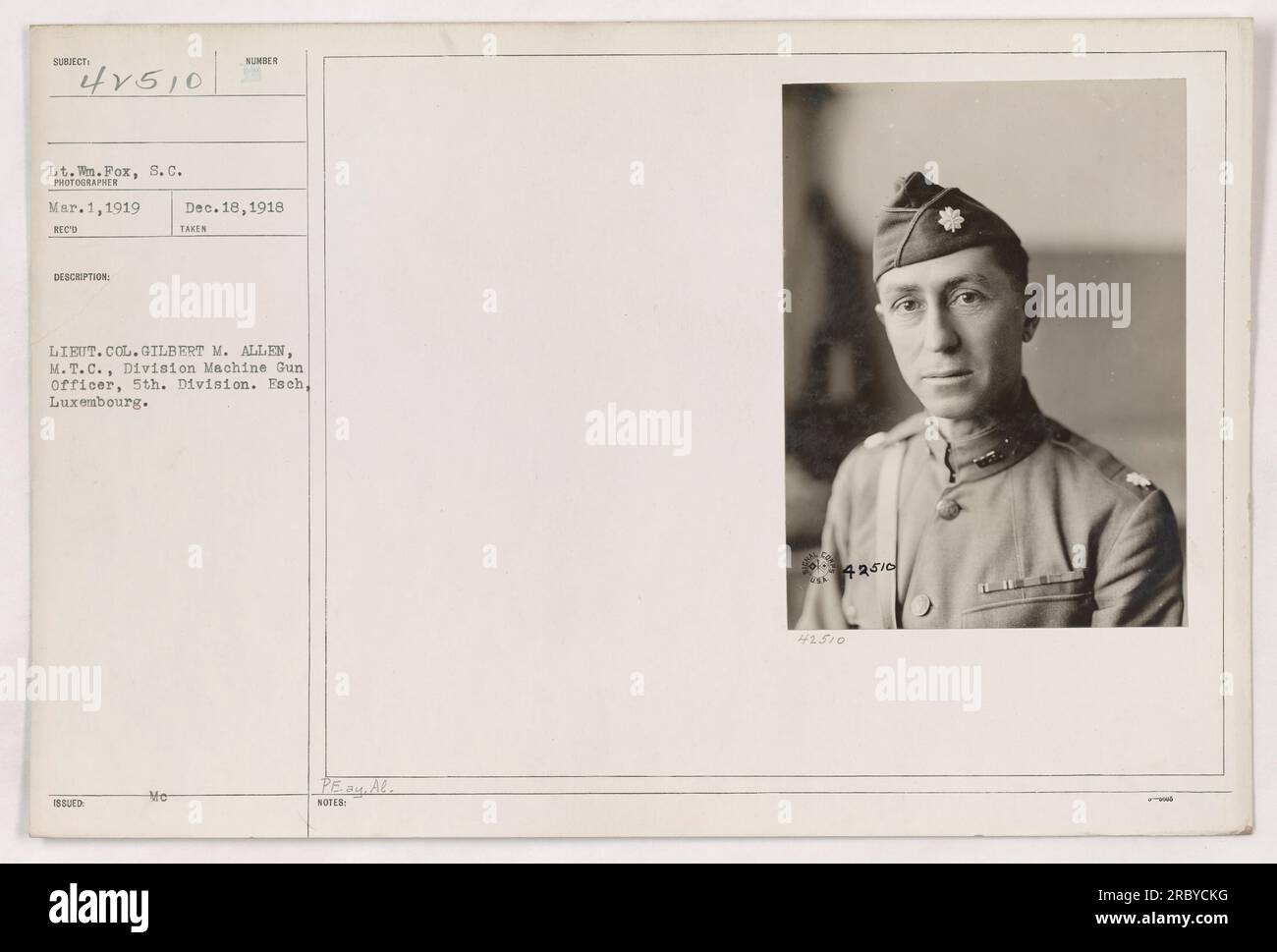 LT. William Fox, S.C., wurde in diesem 1. März 1919 aufgenommen, Foto von LT. Colonel Gilbert M. Allen, M.T.C., Division Maschinengewehroffizier der 5. Division. Der Standort ist Esch, Luxemburg. (Hinweis: Beschreibung und Ausgabenummer sind nicht eindeutig.) Stockfoto