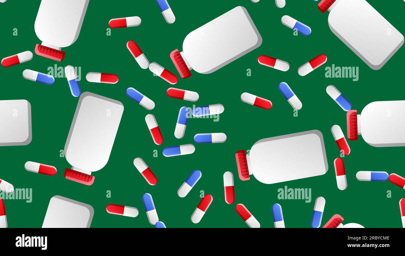 Endloses nahtloses Muster von medizinisch-wissenschaftlichen medizinischen Artikeln von pharmakologischen Gläsern für Pillen und Medizin Pillen Kapseln auf grünem Hintergrund. Vect Stock Vektor
