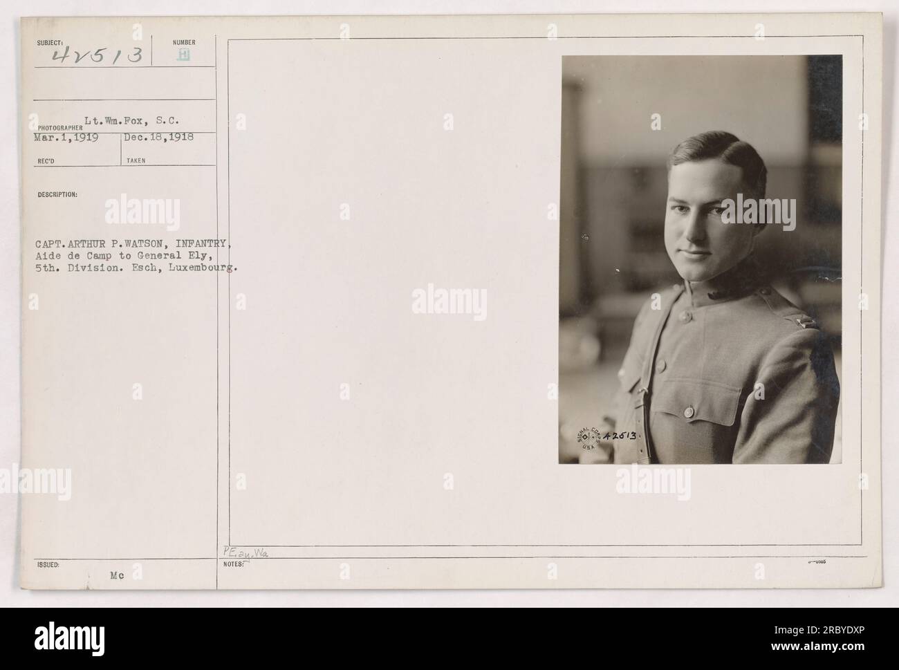 Bildunterschrift: "LT. William Pox, S.C. März 1919 Bis Dezember 18,1918. Dieses Foto zeigt Captain Arthur P. Watson, Infanterie, der als Berater des Camps für General Ely von der 5. Division diente. Das Foto wurde in Esch, Luxemburg, aufgenommen." Stockfoto